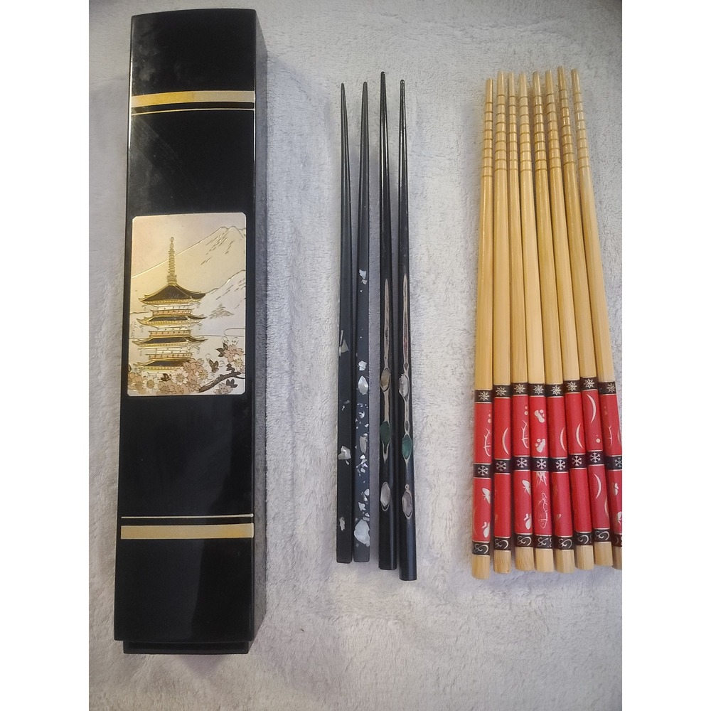 Vintage Japanese Chopstick Set 9 Pairs Mother of Pearl Inlay Bamboo Pagoda Box